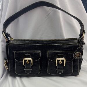 Dooney & Bourke Black Ostrich Shoulder Bag with Gold Buckles